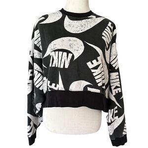 Rare Nike Classic Logo Swoosh Black White Crew Neck Cropped Long Sleeved Sweater